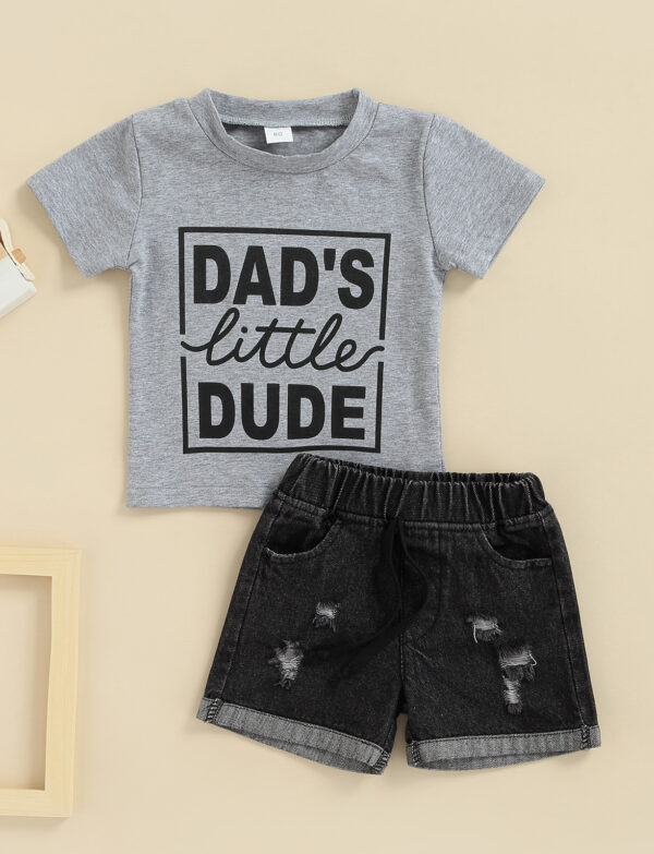 Foreign Trade Children's Clothing Wholesale Father's Day Children's Suit Boys Short-sleeved Letter T-shirt Denim Shorts Two-piece Set In Stock