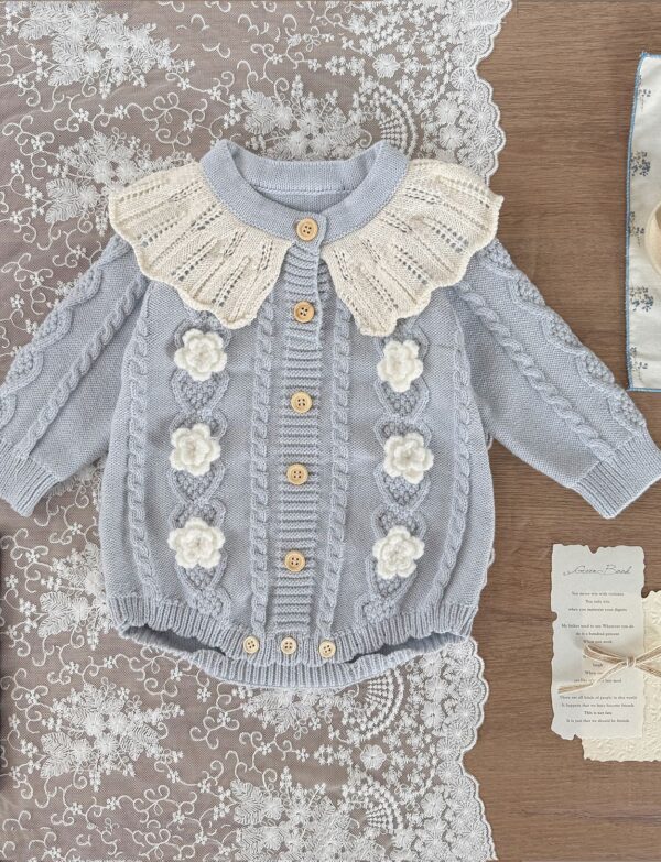 Cutemily Autumn And Winter Baby Girl Wool Onesie Suit Lotus Leaf Collar Bag Fart Girl Long Sleeve Hand Hook Flower Contrast Color Halo