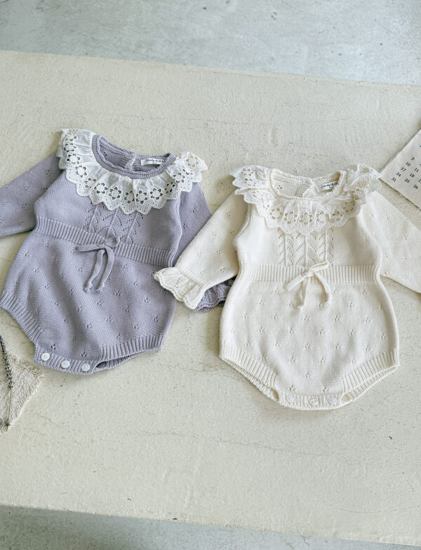 Cutemily Baby Girl Autumn And Winter Ins Knitted Lace Lace Crawling Suit Girl Raglan Sleeve Lotus Leaf Collar Triangular One-piece