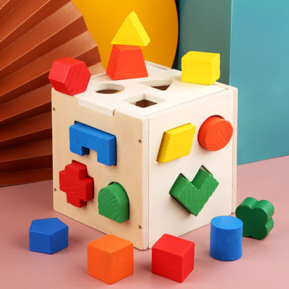 Children's Educational Early Education Three-dimensional Building Blocks Geometric Shape Wooden Matching Building Blocks 15-hole Intelligence Box